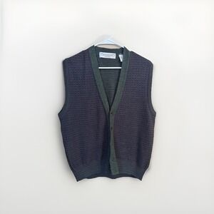 Vintage John Ashford Italian Wool Blend Plaid Grandpa Sweater Vest Navy Size M